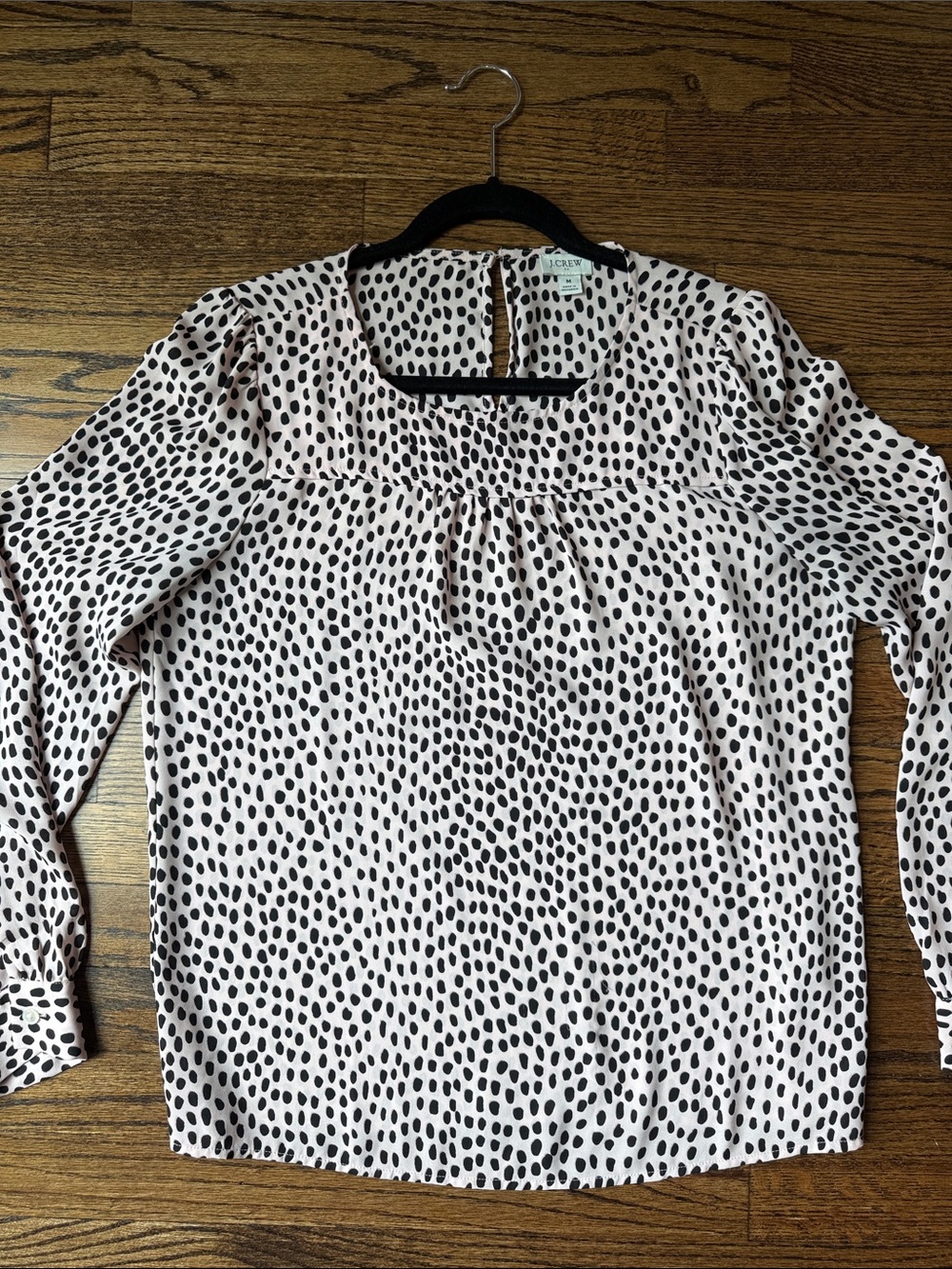 J. Crew Factory Blush Pink Blouse with Black Dot Print